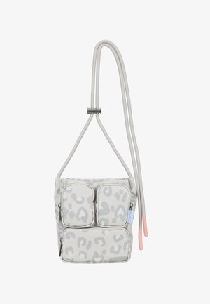 Light gray crossbody bag with leopard print, three zippered compartments, and adjustable rope strap with metal slider and pink plastic ends.