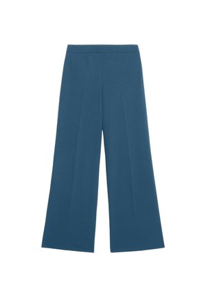 Pantalones de pierna ancha en una tela de azul verdoso profundo. Cuenta con una cinturilla lisa y pliegues frontales nítidos, con un acabado texturizado. Sin bolsillos visibles.