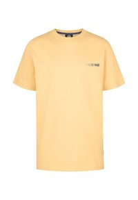 Gul bomulds T-shirt med korte ærmer, rund halsudskæring og et lille logo print på venstre bryst. Blød tekstur og afslappet pasform.
