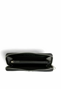 Portafoglio in pelle nera con chiusura a zip, dotato di più slot per carte, un comparto centrale con zip e un design interno elegante.