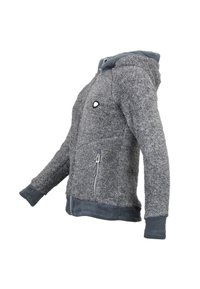 Felpa con cappuccio grigia in pile con materiale testurizzato, zip frontale, tasche laterali e polsini a costine. Presenta un cappuccio in un tessuto a contrasto.