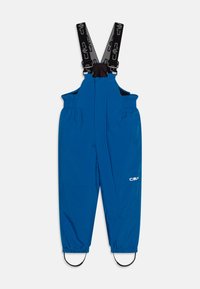 Blue waterproof overalls with black adjustable straps and elastic cuffs. Features side pockets and a CMP logo on the front.