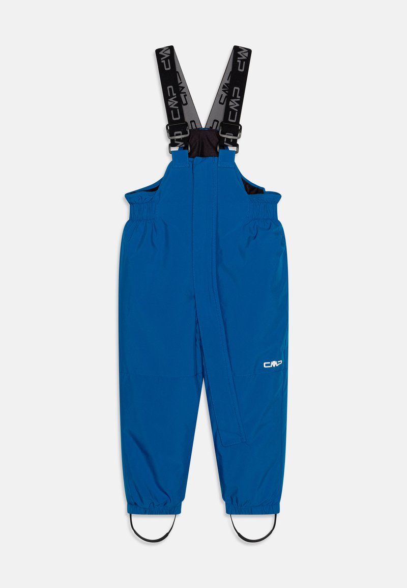 Blue waterproof overalls with black adjustable straps and elastic cuffs. Features side pockets and a CMP logo on the front.
