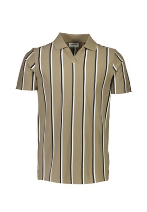 Kurzarm-Polohemd in Beige mit vertikalen schwarz-weißen Streifen, ausgestattet mit einem V-förmigen Kragen und einem lockeren Schnitt.