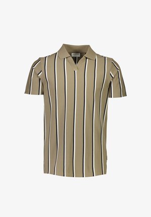 Kurzarm-Polohemd in Beige mit vertikalen schwarz-weißen Streifen, ausgestattet mit einem V-förmigen Kragen und einem lockeren Schnitt.