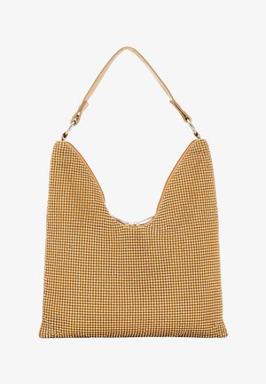 Hobo-laukku, jossa on teksturoitu kultainen paljettipinta, vaaleanruskeat nahkayksityiskohdat ja yksi olkahihna. Erottuva kolmiomainen aukko ylhäällä.