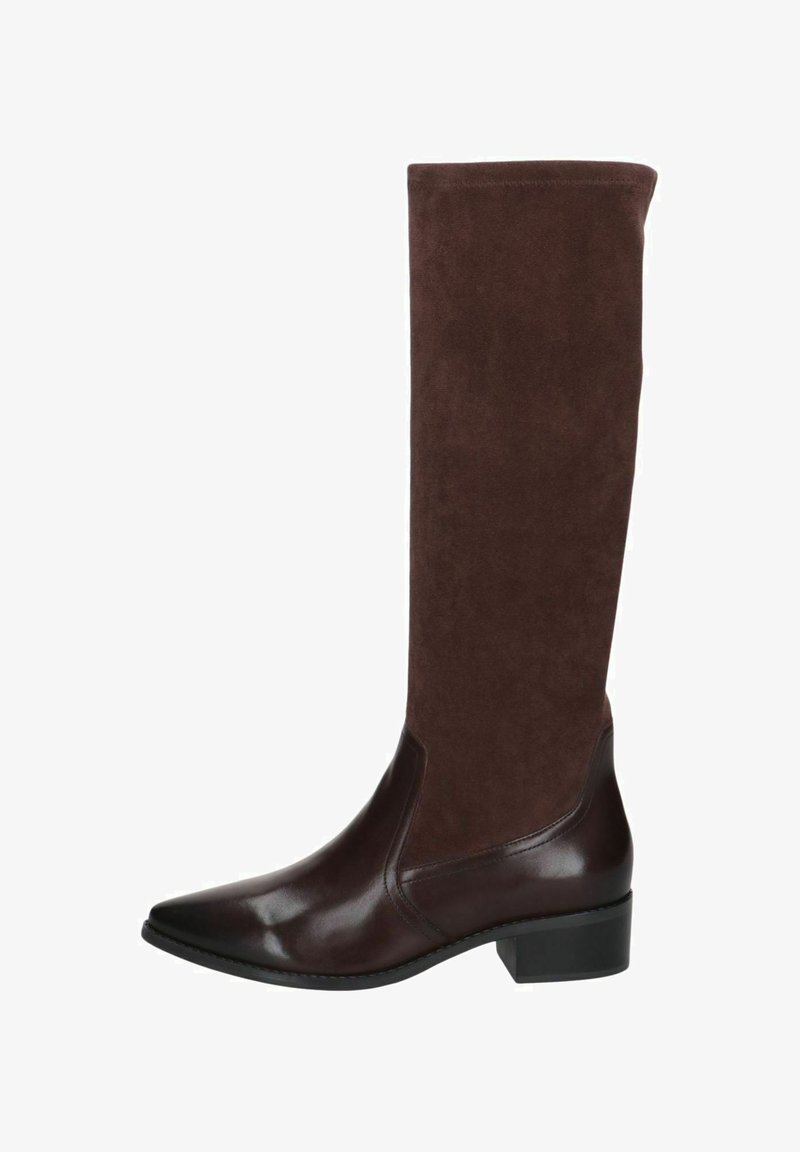 Botte marron montant jusqu'au genou avec bout pointu, talon bloc bas et partie inférieure en cuir lisse combinée à une tige supérieure en daim.