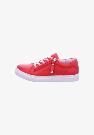 Red leather sneaker with white laces and a zip detail on the side. Features a textured finish and a white rubber sole.