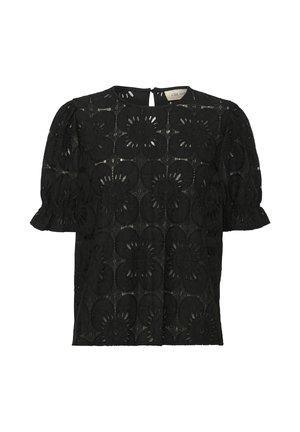Top noir brodé avec des motifs floraux, manches courtes bouffantes, encolure ronde et fermeture dos en goutte d'eau. Matière en dentelle texturée.
