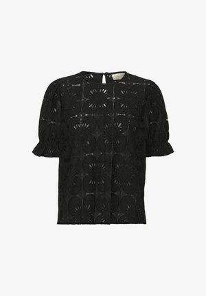 Musta brodeerattu paita, jossa on kukkakuviot, lyhyet puffi-hihat, pyöreä kaula-aukko ja avainaukkosulku takana. Teksturoitu pitsimateriaali.
