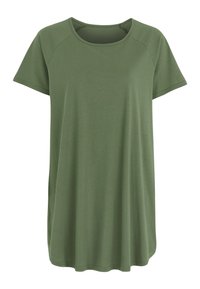 Grøn kortærmet t-shirt med rund hals, lavet af blødt stof. Har en afslappet pasform og sidesømme for ekstra komfort.