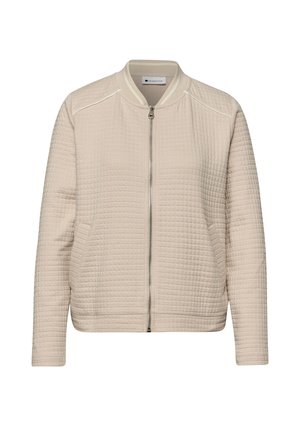 Chaqueta bomber acolchada beige con cremallera frontal, cuello de canalé y bolsillos laterales, diseñada para uso casual.