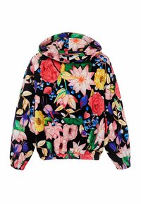 Sudadera con capucha floral que presenta un fondo negro. El diseño incluye flores vibrantes en rosa, amarillo y azul, con un dobladillo y puños de canalé.