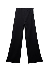 Sorte breddebenede bukser lavet af struktureret stof med elastisk talje. Beklædningen har en afslappet pasform og strækker sig ned til gulvet.