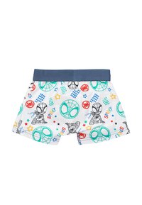 Boys' white cotton boxer shorts featuring colorful Spider-Man graphics, blue elastic waistband, and playful star and web designs.
