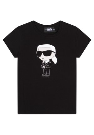 Czarna koszulka dziecięca z postacią z kreskówki w okularach przeciwsłonecznych, garniturze i kucyku, z napisem „KARL LAGERFELD” pod postacią.