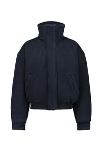 Donkerblauwe cropped jas met een hoge kraag, lange mouwen en een elastische tailleband; voorzien van twee voorzakken en een gestructureerde stof.