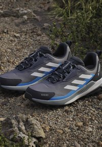 Ζευγάρι γκρι και μπλε παπούτσια Adidas Terrex για τρέξιμο σε μονοπάτια σε βραχώδες υπαίθριο έδαφος με πράσινα φυτά στο βάθος.