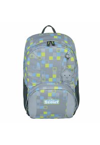 Grauer Rucksack mit einem geometrischen Muster in Blau und Grün. Enthält einen sternförmigen Schlüsselanhänger und gepolsterte Schultergurte.