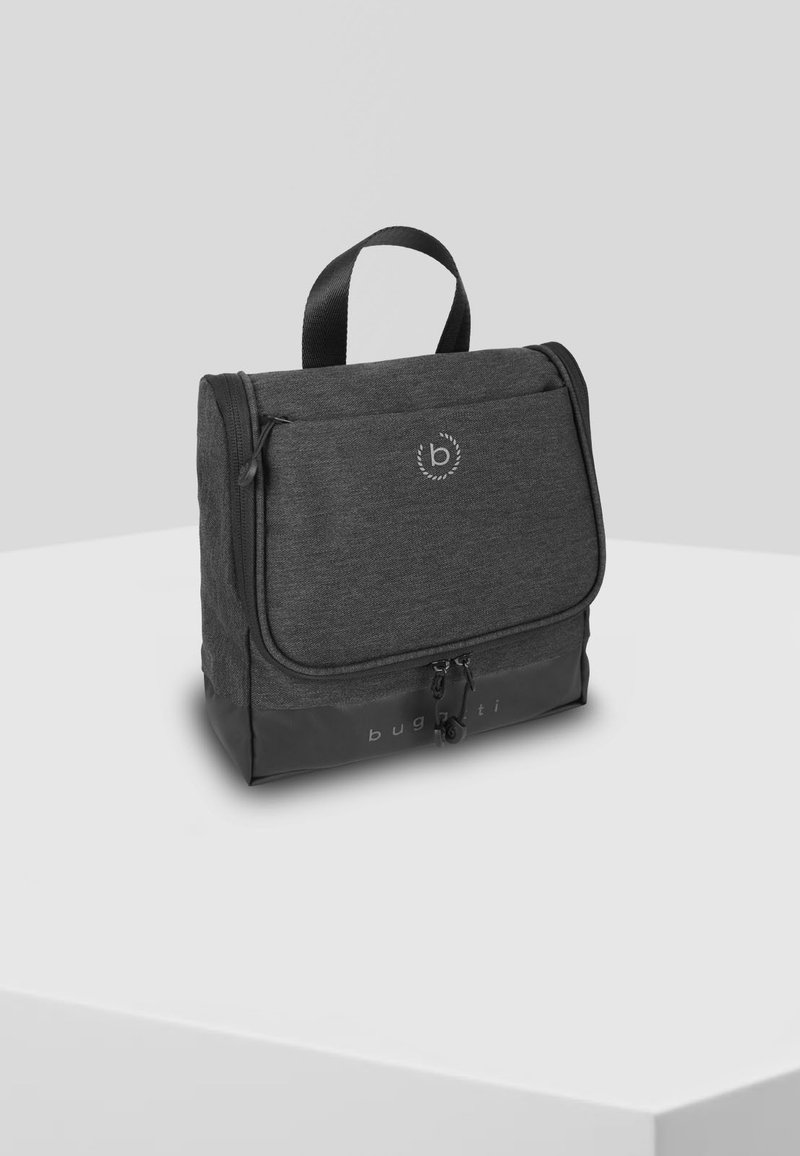 Gray rectangular bag with a textured surface, a top handle, and a zipper closure. Features a logo on the front and a black base.