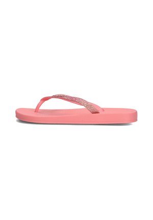 Pink flip-flop with a textured, glittery strap. Flat, flexible sole with a smooth finish. Simple design without additional embellishments.