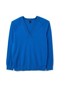 Pull-over bleu à manches longues, en V, avec des poignets et un ourlet côtelés, posé à plat sur un fond blanc.