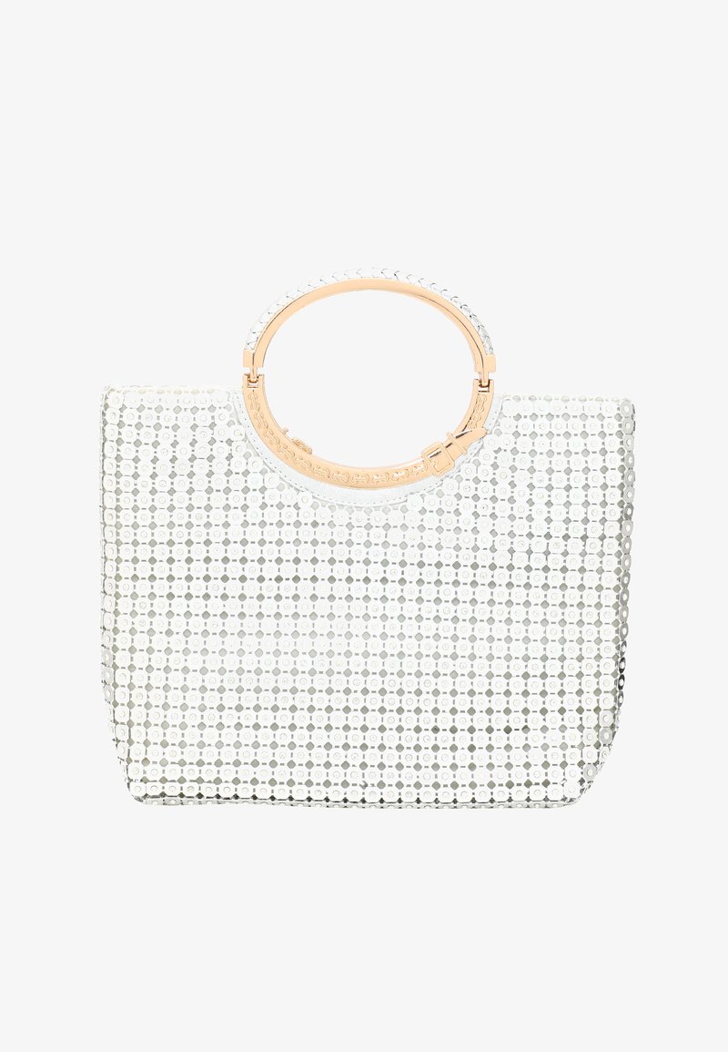 Fehér flitteres táska kör alakú átlátszó akril fogantyúval és arany színű fémrészletekkel. Mintás textúra geometrikus kialakítással.