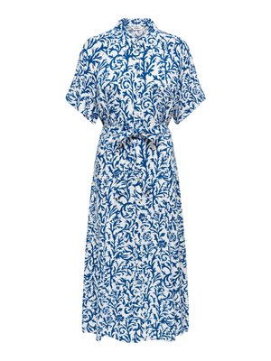 Robe chemise midi blanche avec motif de vigne florale bleue, manches courtes, boutonnage devant, col et ceinture nouée assortie à la taille.