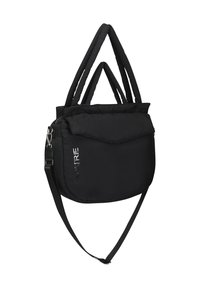 Black quilted shoulder bag with dual thick handles and an adjustable strap. Features a zippered main compartment and a front flap pocket.