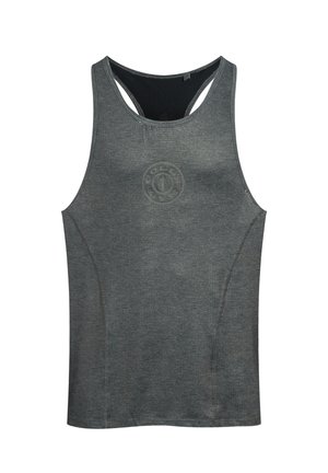 Ärmelloses, dunkelgraues Sport-Top mit rundem Ausschnitt und kleinem, rundem Logo in der Mitte der Brust.