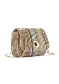 Geflochtener Strohhandschuh in Beige mit pastellfarbenen Streifen. Goldfarbene, runde Beschläge und ein Kettenriemen. Strukturierte Oberfläche mit Klappenverschluss.