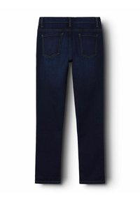 Jeans de mezclilla azul oscuro con corte ajustado, que cuentan con dos bolsillos traseros y costuras amarillas de contraste a lo largo de las costuras.