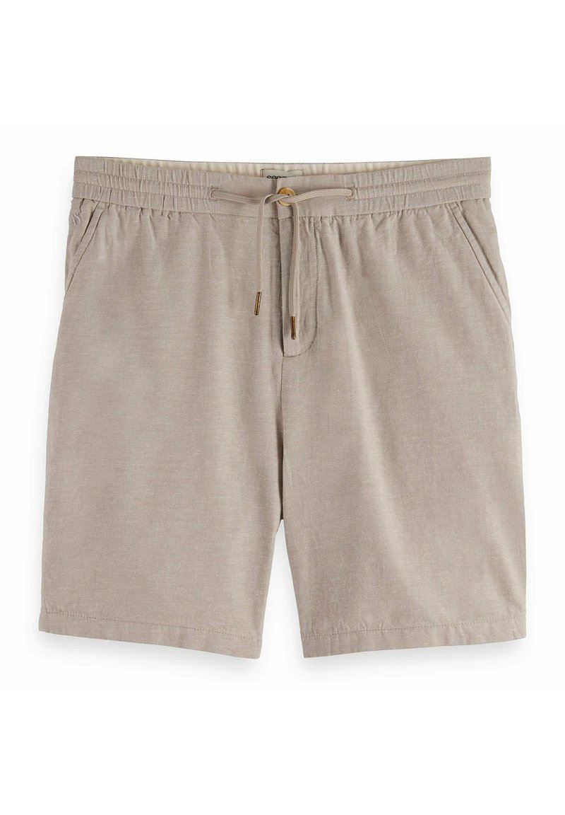 Beige Leinen-Shorts mit elastischem Bund, Kordelzug und Seitentaschen. Der Stoff hat eine glatte Textur und ein dezentes Webmuster.