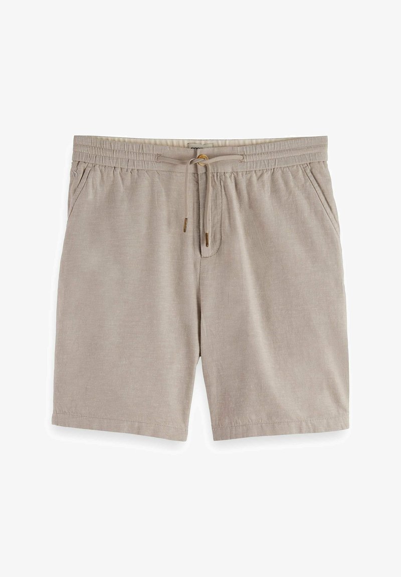 Beige linen shorts with an elastic waistband, drawstring closure, and side pockets. Fabric has a smooth texture and subtle weave pattern.