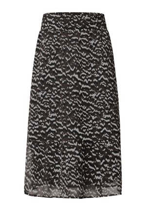 Jupe noire et grise à motif avec une taille élastique, en tissu léger, forme évasée, et texture superposée.