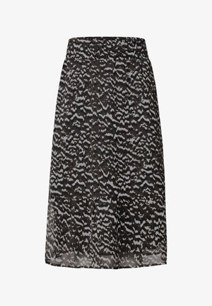 Mustat ja harmaat kuvioidut hameet, joissa on joustava vyötärö, kevyttä kangasta, A-linjainen muoto ja kerroksellinen rakenne.