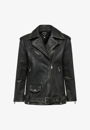 Czarna skórzana kurtka motocyklowa z epoletami, asymetrycznymi zamkami, dwoma przednimi kieszeniami i paskiem w talii. Gładka faktura i solidne okucia.