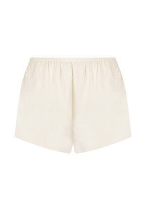 Crème-kleurige shorts van zachte stof, met een elastische tailleband en een losse pasvorm met een rechte snit. Glad textuur, minimalistisch ontwerp.