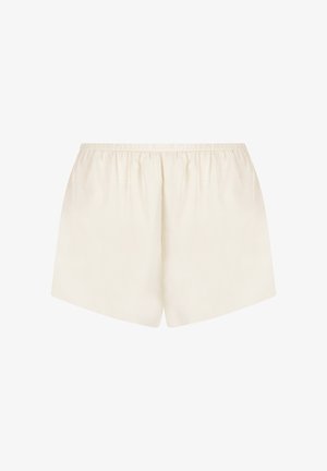 Cremefarbene Shorts aus weichem Stoff mit elastischem Bund und lockerer Passform im geraden Schnitt. Glatte Textur, minimalistisches Design.