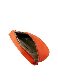 Orange leather pouch with a textured surface, zip closure, and beige interior lining. Includes an open pocket inside.