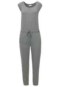 Mono gris de tejido ligero con cuello redondo, manga corta, cinturilla elástica y bolsillos laterales. Presenta un detalle de cordón.