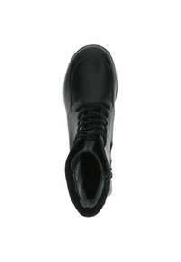 Botín negro hasta el tobillo con un exterior de cuero suave, punta redonda y cordones en la parte delantera. Presenta una cremallera lateral y un forro gris en el interior.