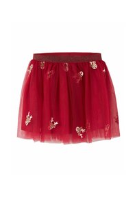 Gonna di tulle rossa con una vita glitterata, decorata con motivi di renne ricamati su tutto il capo. Design soffice e a strati che aggiunge volume.