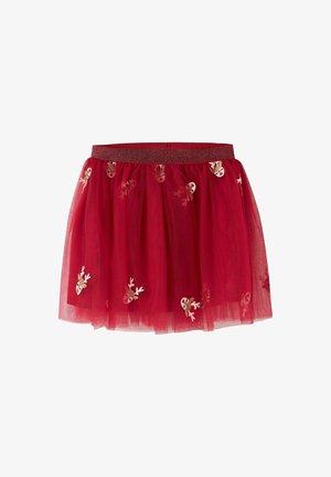 Röd tyllkjol med ett glittrande midjeband, prydd med broderade renmotiv över hela. Fjäderlätt, lager-på-lager design ger volym.