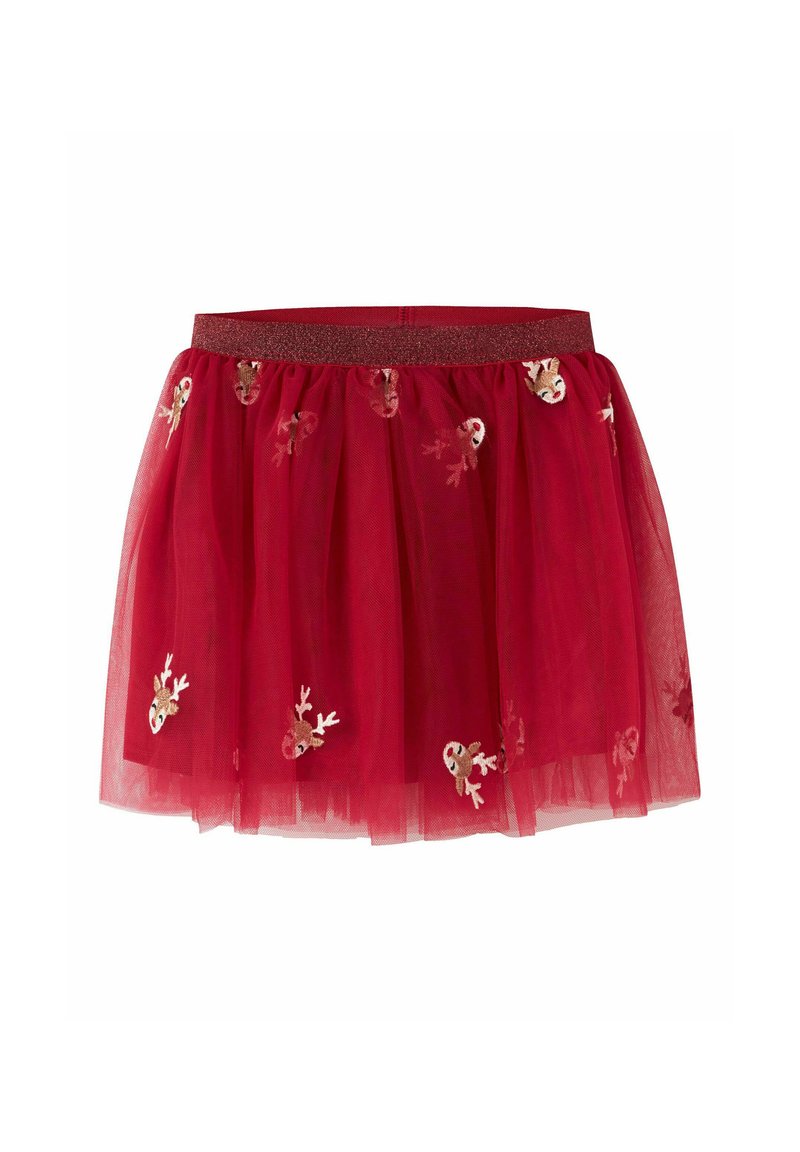 Gonna di tulle rossa con una vita glitterata, decorata con motivi di renne ricamati su tutto il capo. Design soffice e a strati che aggiunge volume.