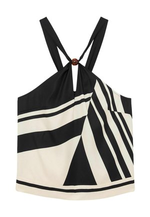 Top fără mâneci, cu dungi alb-negru, cu bretele subțiri legate printr-un inel rotund din lemn în partea centrală din față.
