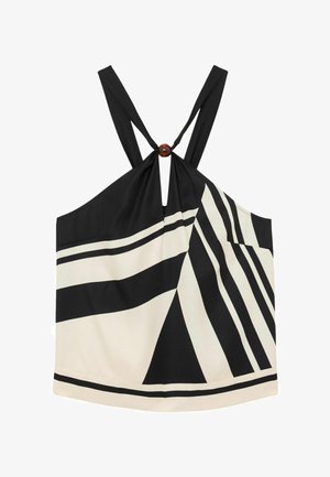 Top fără mâneci, cu dungi alb-negru, cu bretele subțiri legate printr-un inel rotund din lemn în partea centrală din față.