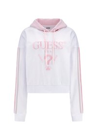 Witte cropped hoodie met een roze capuchon, geborduurd logo aan de voorkant en roze gestreepte accenten op de mouwen. Gemaakt van zachte, rekbare stof.