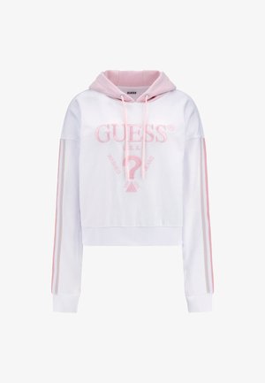 Haut cropped blanc avec une capuche rose, logo brodé sur le devant et accents rayés roses sur les manches. Fait en tissu doux et extensible.