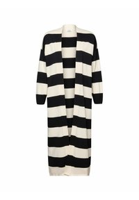 Cardigan long ouvert devant avec de larges rayures horizontales noires et blanches et manches longues.